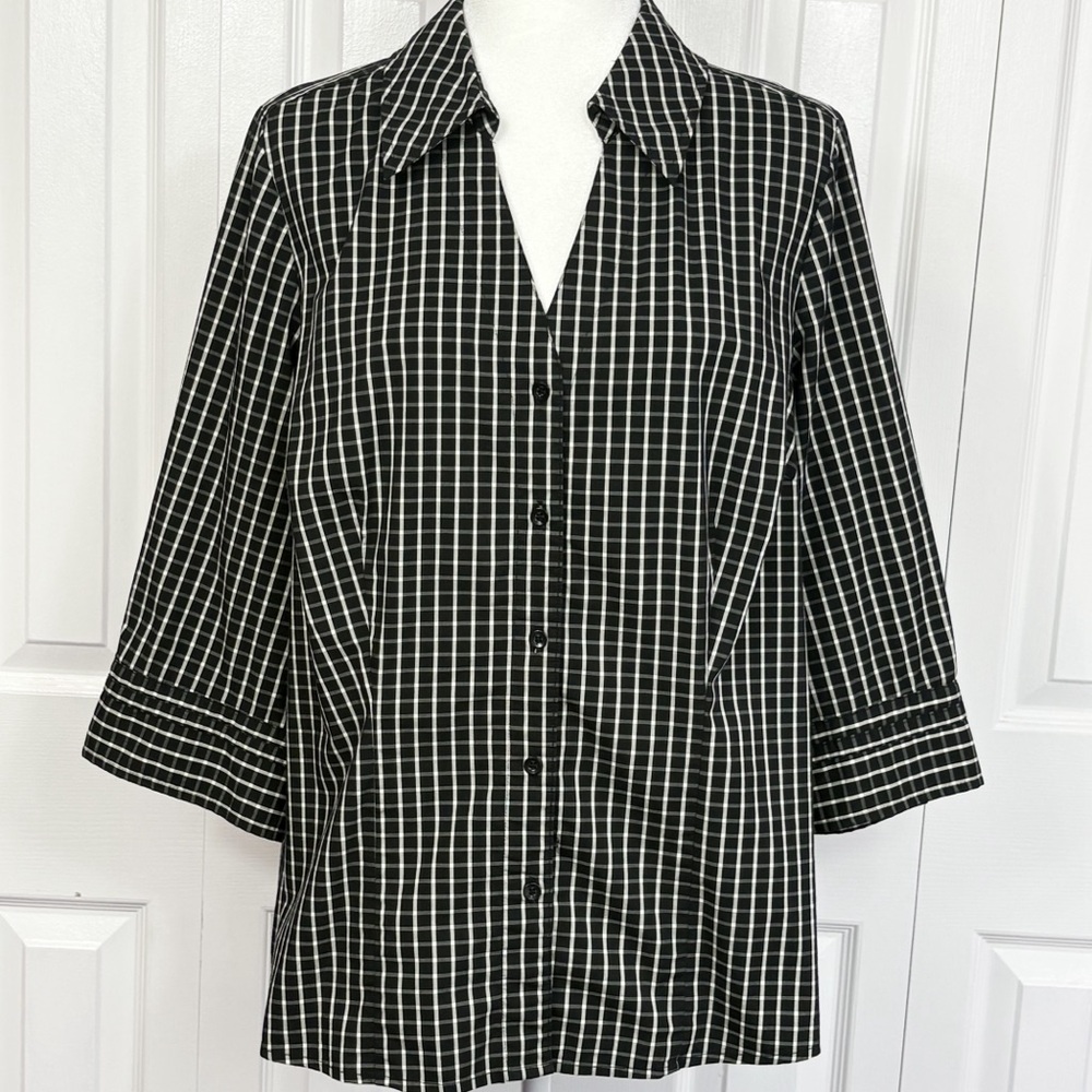 Alfani Woman Black & Off White Check Print 3/4 Sleeve Button Up Shirt 16W